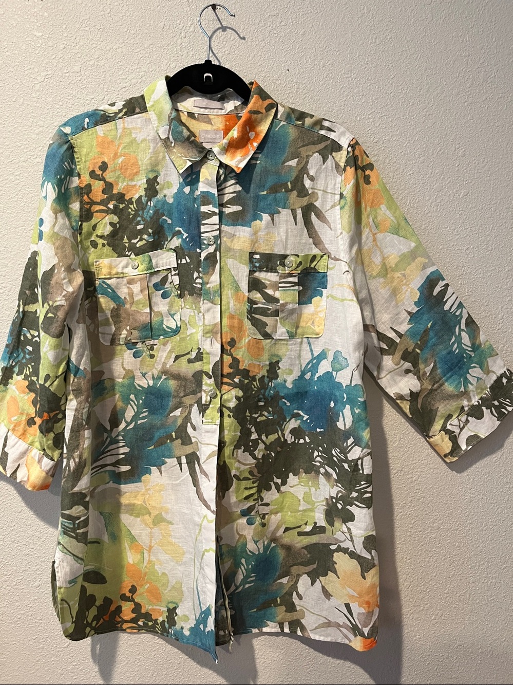 Chico's Linen Floral Print Tunic style blouse- Teal, Green, Orange, White
Sz 12